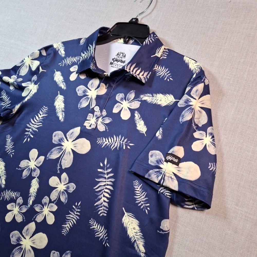 KaiPar Polo Shirt Mens Med Navy Blue Tropical Hibiscus Floral Performance stretc